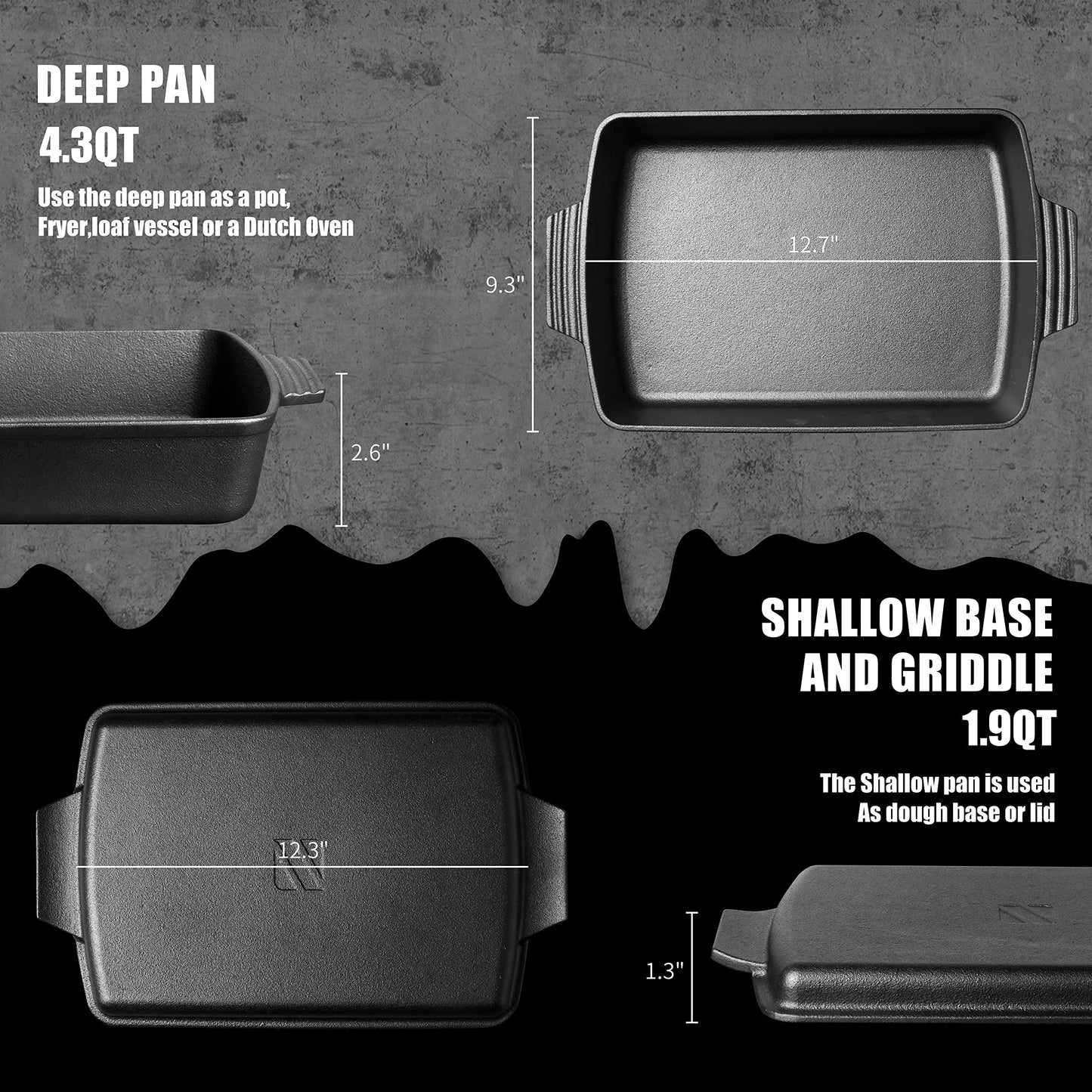 Northriver Casting 2-In-1 Pre Seasoned Cast Iron Dutch Oven With Skillet Lid,Casserole Dish,Rectangular Baking Pan,Griddle Pot Set, 6QT, 9"x13"