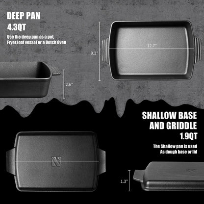 Northriver Casting 2-In-1 Pre Seasoned Cast Iron Dutch Oven With Skillet Lid,Casserole Dish,Rectangular Baking Pan,Griddle Pot Set, 6QT, 9"x13"