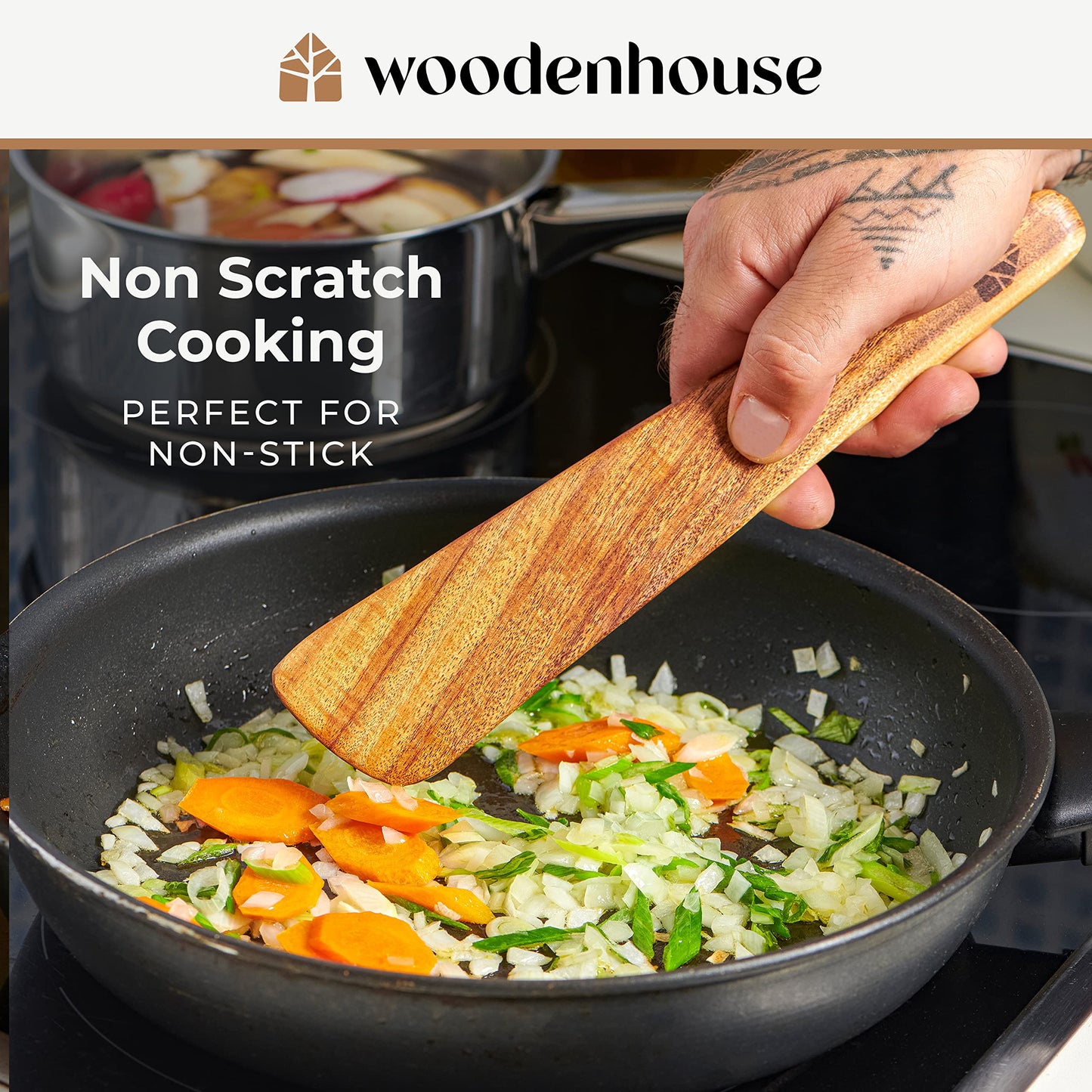 Wooden Spatula for Cooking - Natural Teak Wood Spatula for Non Stick Frying Pan - Wooden Cooking Utensils Set of 4 Including Paddle, Turner, Slotted Spurtle and Wood Scraper - Long Ergonomic Handles