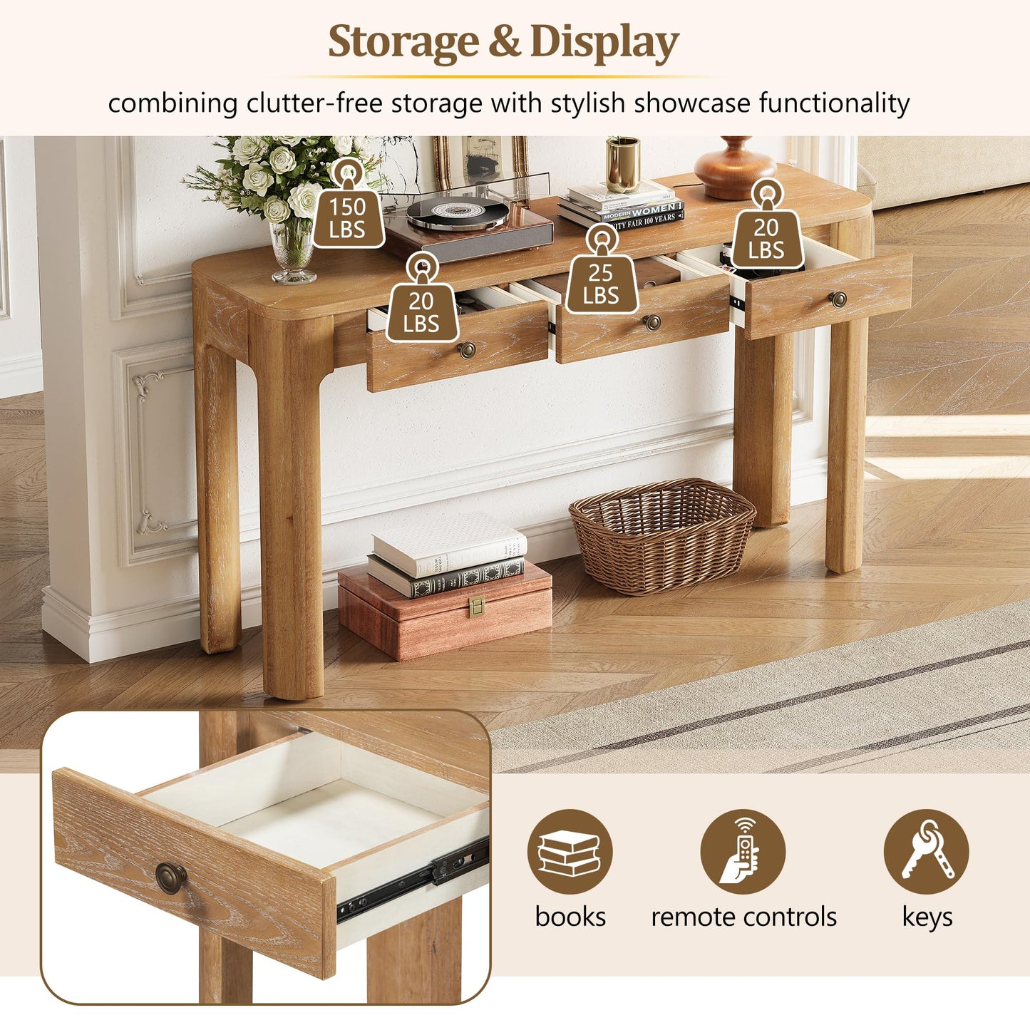 Merax 52" Console Table with 3 Drawers, Rustic Entryway Table with Curved Corners, Narrow Long Sofa Table for Living Room, Hallway, Entrance, Behind Couch, Foyer, Sturdy Thick Legs, Natural