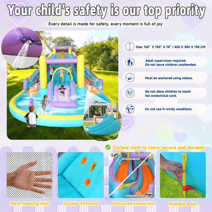 7-in-1 Inflatable Water Slide Bounce House with 3 Slides, Splash Pool, Climbing Wall, Water Gun & Basketball – for Kids Aged 3-10, 520W Blower, 168 x 150 x 78 Inches, Outdoor Backyard Fun