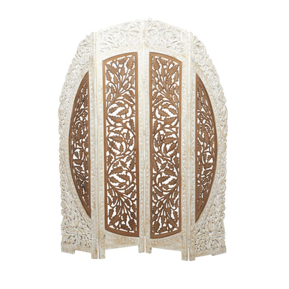 Deco 79 Mango Wood Floral Handmade Partition Room Divider Screen Foldable Arched Partition 4 Panel Privacy Screen with Intricately Carved Designs, Room Partition 62" x 1" x 72", Brown