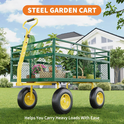 1400 Lbs Load Capacity Garden Cart, Metal Multi-Function Heavy-Duty Steel Garden Wagon, 3-in-1 Cart with 13 Inch All-Terrain Tires and Removable Mesh Side Panels, 180° Rotating Handle, Outdoor Gardens