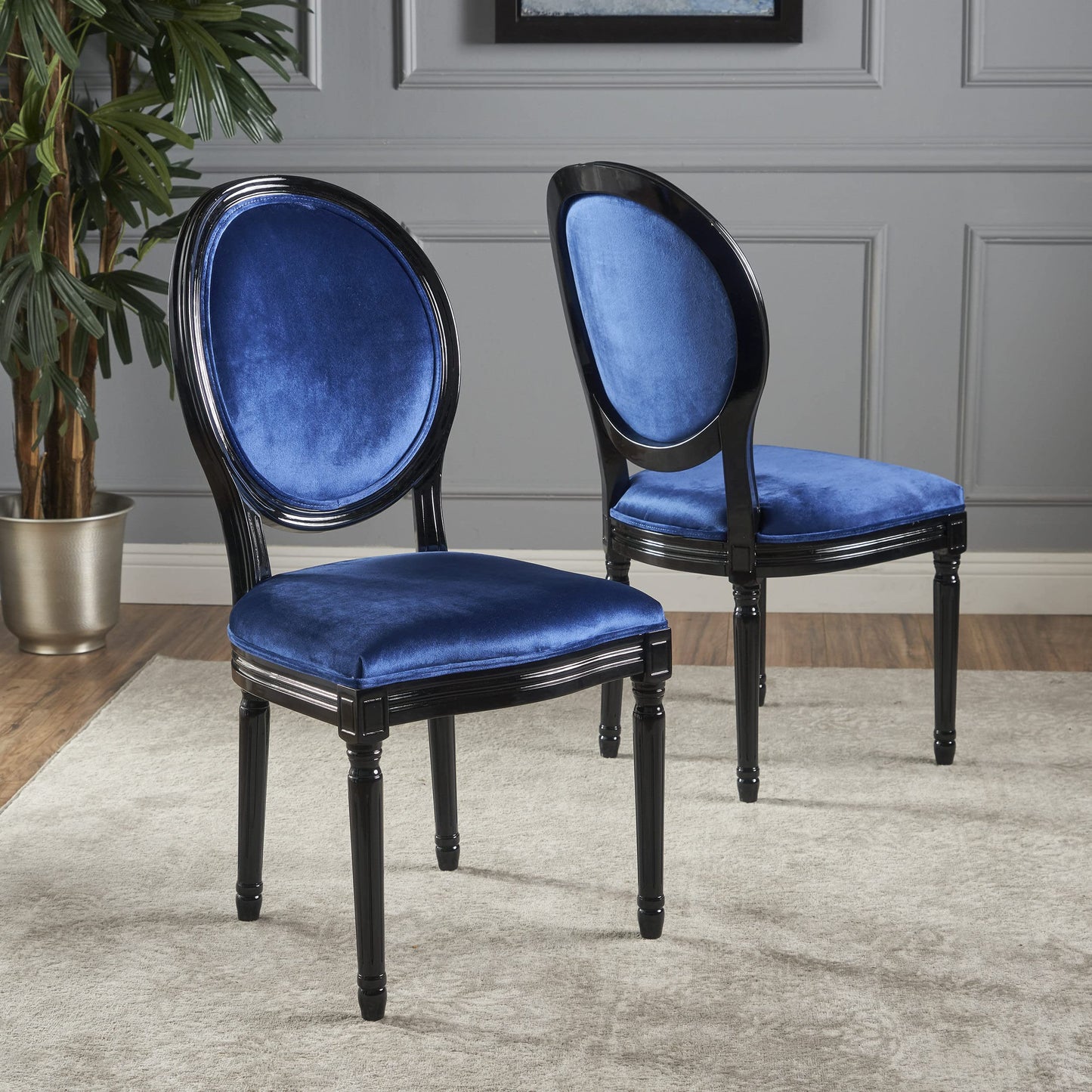 Christopher Knight Home Camille Traditional Velvet Dining Chairs, 2-Pcs Set, Navy Blue / Gloss Black
