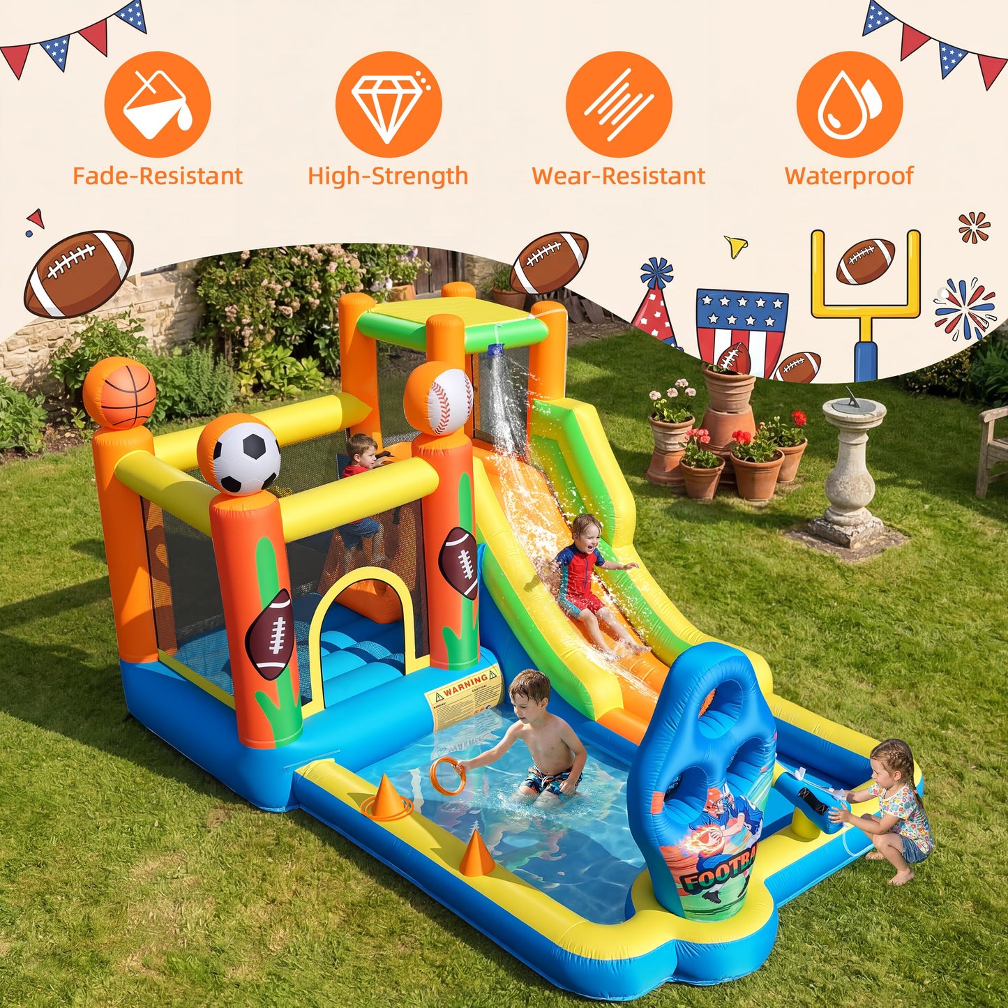 TOAOB Inflatable Water Slide for Kids 3-12: Blow Up Bounce House Backyard Water Park with 480W Blower- 9 in 1 Football-Themed for Outdoor Birthday Party