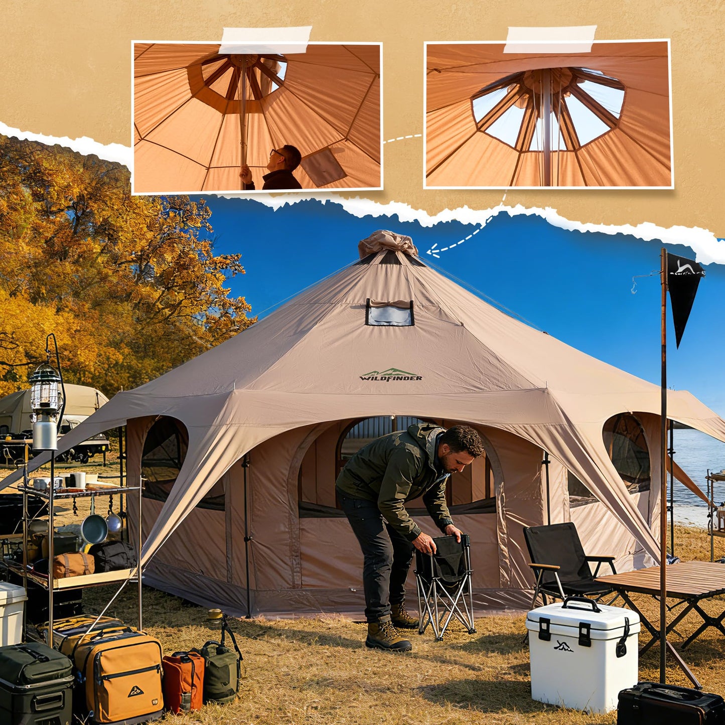 WildFinder 16.5ft Canvas Bell Tent, Large Yurt Tent with Stove Jack for Camping & Glamping, 55" High Walls, Maximum Space, Waterproof 4 Season Hot Tent with 8 Mesh Windows & Removable Floor