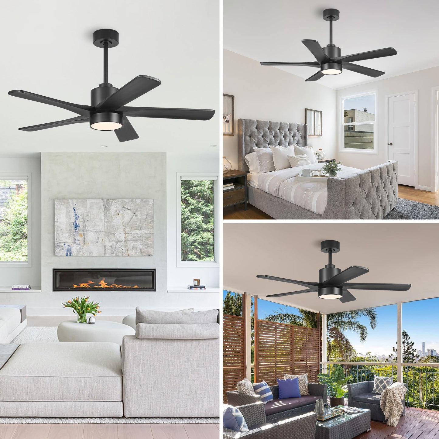 WINGBO 48 Inch DC Ceiling Fan with Lights and Remote Control, 5 Carved Solid Wood Blades, 6-Speed Noiseless Reversible DC Motor, Indoor Ceiling Fan in Matte Black Finish with Black Blades