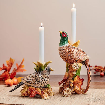 Fitz and Floyd Fall Harvest Pheasant Ceramic Figurine Candleholders, Set of 2, 10.5 and 6.25 inches Tall