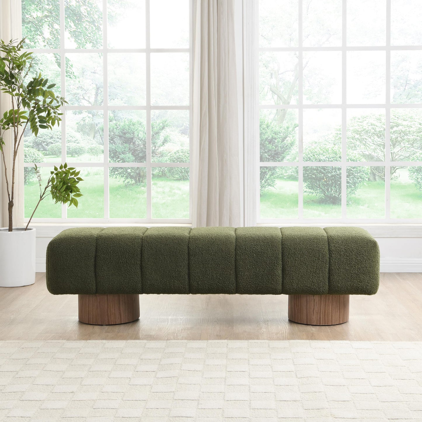 Christopher Knight Home Manila 64" Boucle Dining Bench, Upholstered Ottoman Bench, Rectangular Dining Seat, Spacious Seating, Long Footstool for Living Room Dining Room, No Assembly Needed, Green