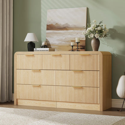 Decofy Fluted Drawers Dresser for Bedroom, Wood Dressers with Gold Handles, Modern Dressers with Wave Texture, Large Storage Chest of Drawers, Bedroom Dresser Organizer 55'' & 7 Drawers (Natural Oak)