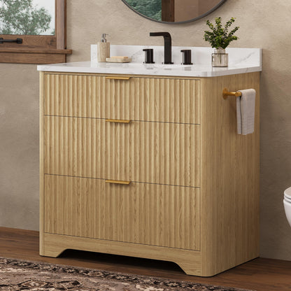 IRONCK 36 inch Bathroom Vanity with Ceramic Sink, Freestanding Wood Grain Sink Cabinet with 3 Storage Drawers (2 Standard + 1 Flip-Down), Farmhouse