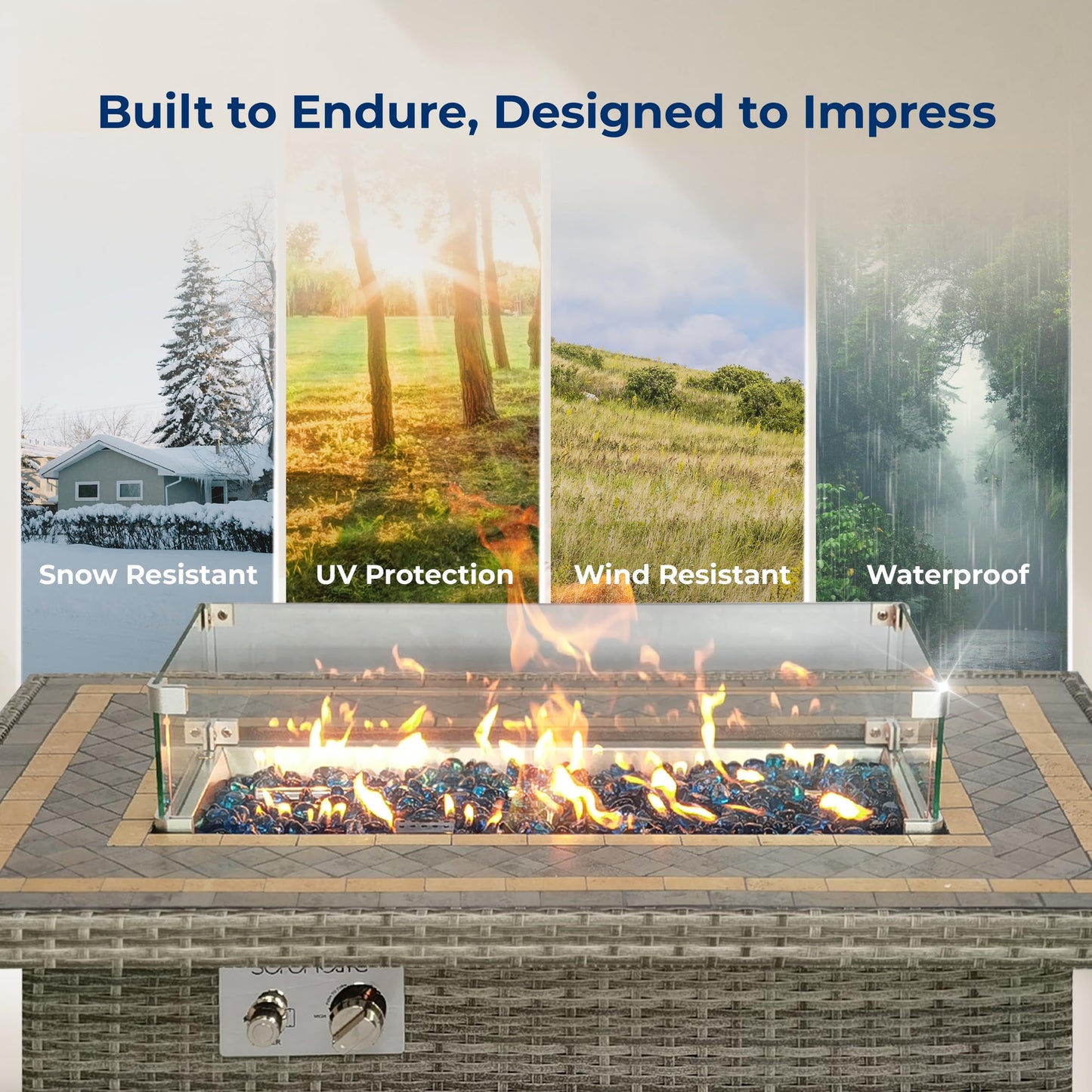 SereneLife Outdoor Propane Fire Pit Table 50000 BTU with Auto Ignition, Glass Wind Guard, Mosaic Tile Top, Clear Glass Rocks, and Weather-Resistant Design for Patio or Backyard