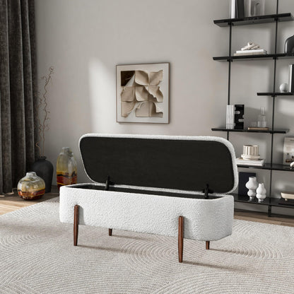 GDFStudio Sarna 48" Mid-Century Modern Storage Ottoman Bench, Lift-Top Curve Rectangle Ottoman Pouf with Solid Wood Legs, Boucle Upholstered Large Footrest, Coffee Table Ottoman for Living Room, Ivory