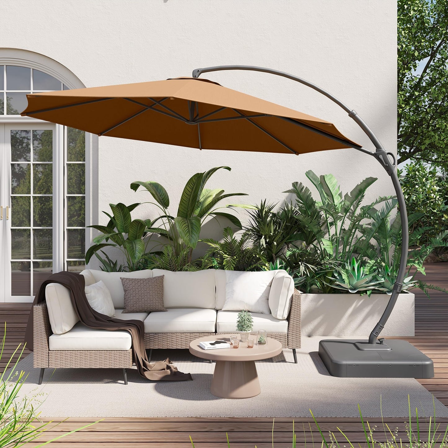 LAUSAINT HOME Outdoor Patio Umbrella with Base included, 12 FT Deluxe Curvy Cantilever Umbrella Offset Hanging umbrella with 360° Rotation for Market, Pool, Garden, Backyard, Deck (Tan, 12 FT)