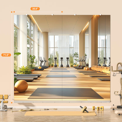 Hasipu Home Gym Mirror, 72"x36" Each, 1-Pack Frameless Wall Mounted Mirrors with Glass Clamps & 1 Aluminum Rail, Large Body Mirror for Home Gym, Yoga Studio, Bedroom, Silver Tempered Glass