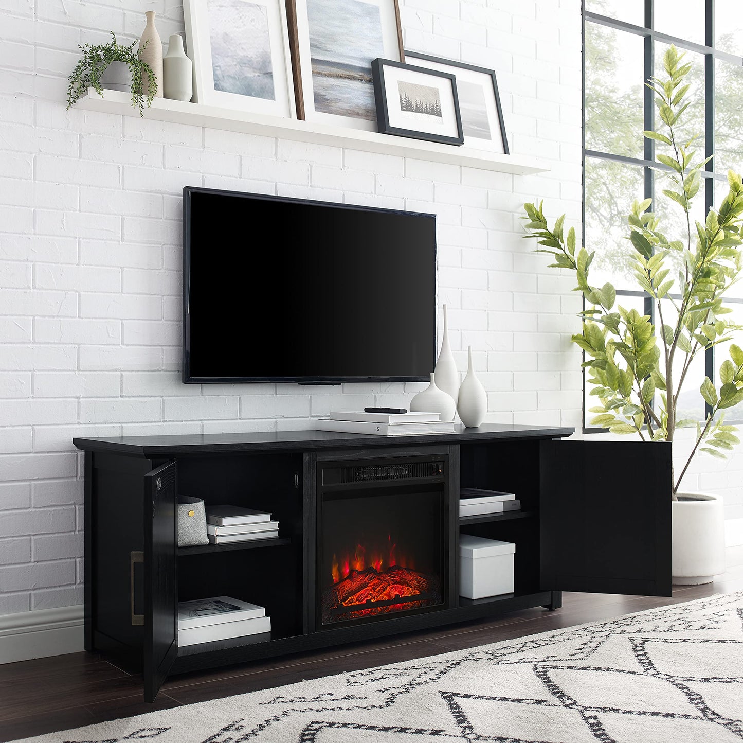 Crosley Furniture Camden Low Profile Fireplace TV Stand for 65+ inch TVs, Entertainment Center with Shelves, Black