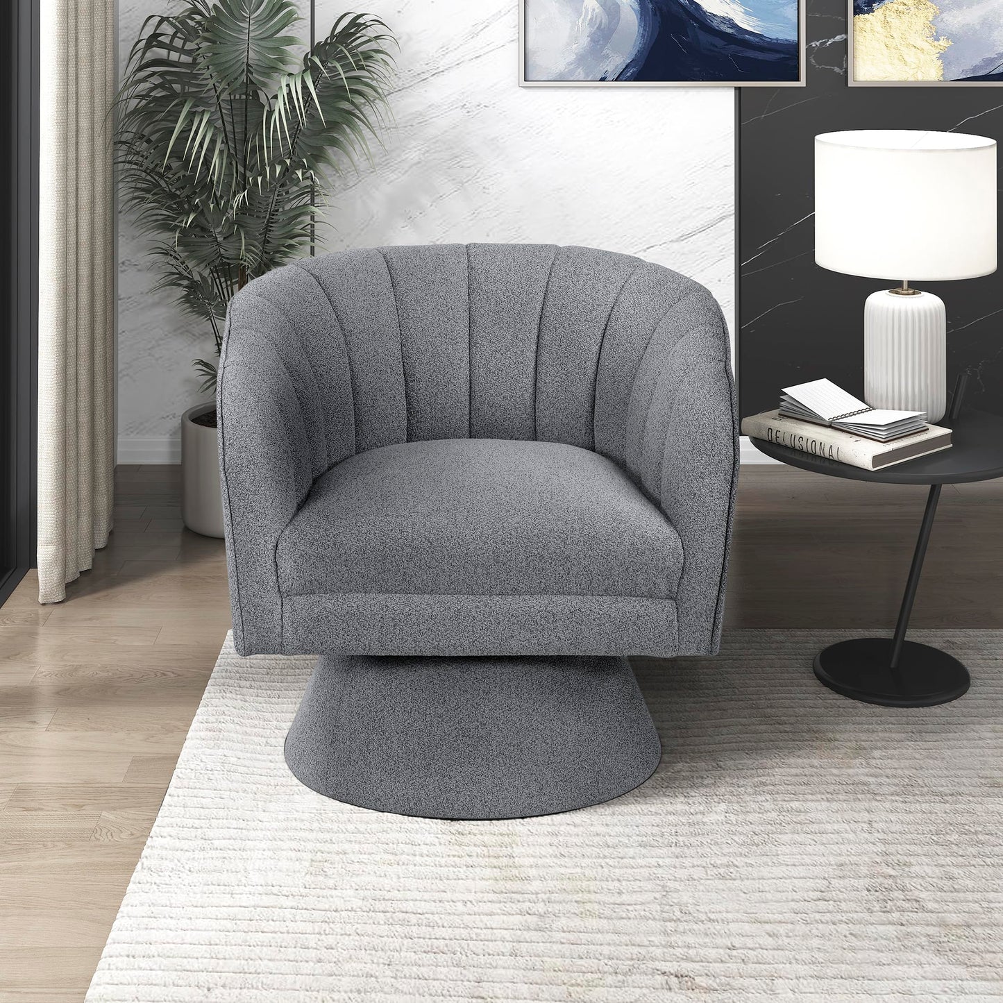 Lexicon Swivel Accent Chair, Boucle Fabric Upholstered Barrel Chair, Channel Stitched Details, Hidden Metal Swivel Seating for Living Room/Office/Apartment, Dark Gray
