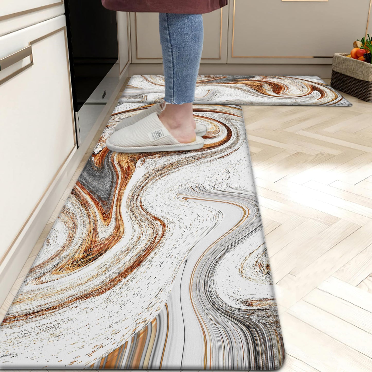 tubeamin Kitchen Mats for Floor Anti Fatigue Floor Marble Cushioned Memory Foam Non Slip PVC Leather Padded Comfort Standing Rugs Set of 2, 17.3x28+17.3x47 Inch,0.4 Inch Thick