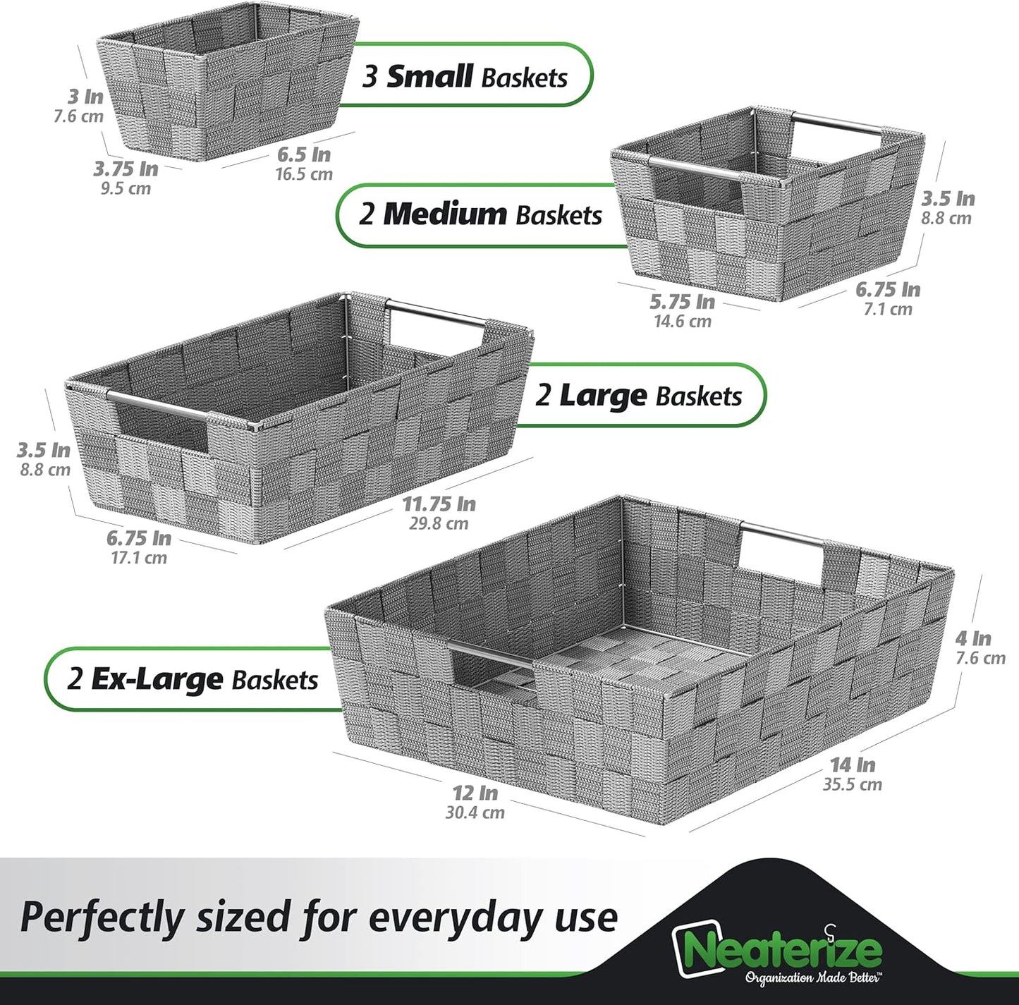 NEATERIZE Closet Organization and Storage Baskets, Set of 9 for Bathroom, Laundry, Baby Nursery, Dark Grey