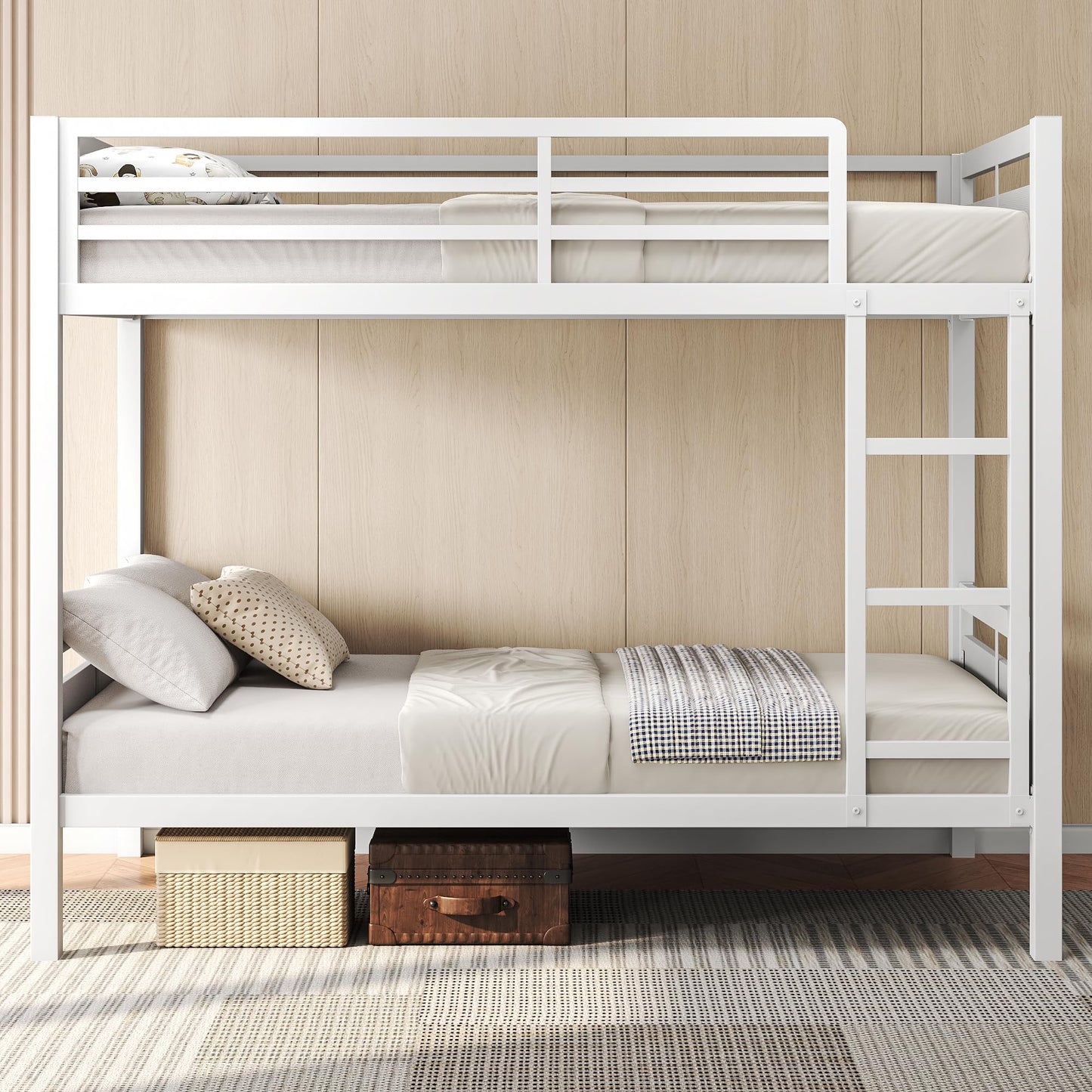 Feonase Metal Bunk Bed Twin Over Twin with Ladder and High Guardrail, Heavy-Duty Metal Slats Support, Noise Free, No Box Spring Needed, for Kids and Juniors, Black