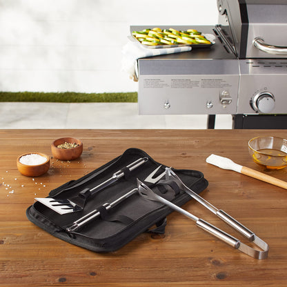 Amazon Basics 4-Piece Stainless Steel BBQ Grilling Tool Set with Carry Bag, Rust-Resistant, Dishwasher Safe