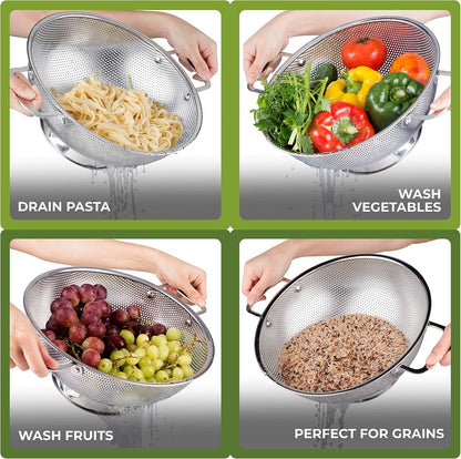 Stainless Steel Micro-Perforated 5-Quart Colander, Professional Strainer with Heavy Duty Handles