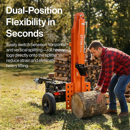 Superhandy 27Ton 223cc Gas Powered Full Beam Log Splitter w/Vertical/Horizontal Operation and Auto Return Valve, 24'' Diameter & 24'' Length Capacity, Towable with 2'' Ball Coupler