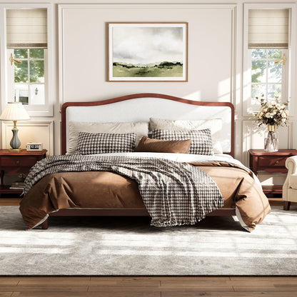 Merax King Size Upholstered Platform Bed Frame with Curved Headboard, Espresso Wood Frame & White Fabric, Noise-Free, Strong Slat Support, No Box Spring Needed, Easy Assembly