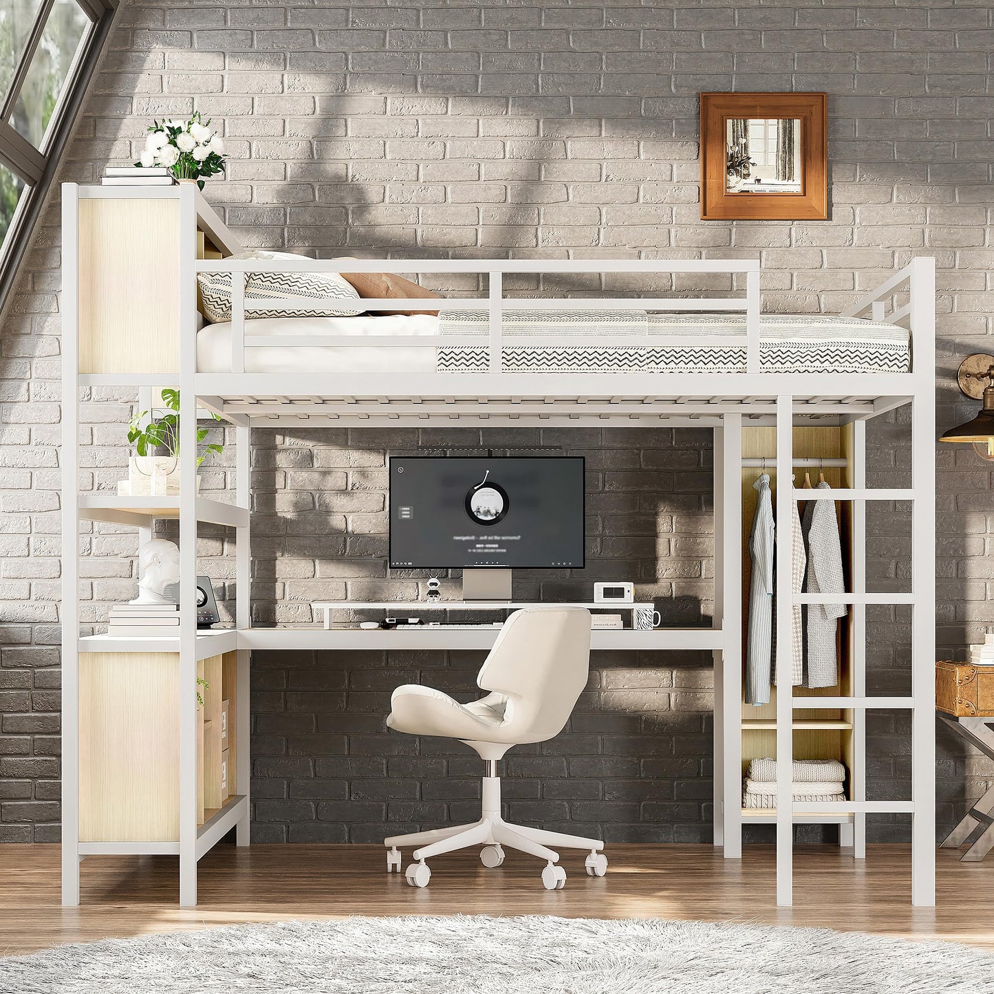 Bellemave Queen Loft Bed with Desk & Wardrobe, Heavy Duty Metal Loft Beds with Storage Shelves, Space Saving Loft Bed Queen Size with Safety Guard, White Wood Grain