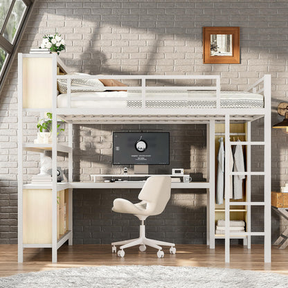 Bellemave Queen Loft Bed with Desk & Wardrobe, Heavy Duty Metal Loft Beds with Storage Shelves, Space Saving Loft Bed Queen Size with Safety Guard, White Wood Grain