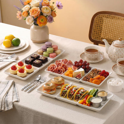 DELLING 16x5 Inch Ceramic 3-Section Serving Tray Set of 3, Stackable Divided Serving Platter - White Porcelain Appetizer Tray for Snack Food Dessert, Dishwasher Safe