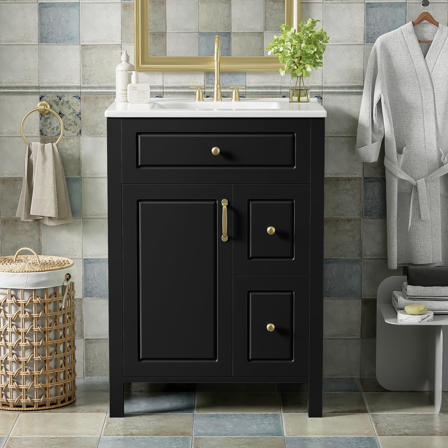 Favfurish 24" Bathroom Vanity with Ceramic Sink,Free Standing Single Basin Vanity w/Soft Close Door and Soft Closing Drawers,Wooden Bath Cabinet with Double Storage Racks on The Door,Black