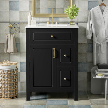 Favfurish 24" Bathroom Vanity with Ceramic Sink,Free Standing Single Basin Vanity w/Soft Close Door and Soft Closing Drawers,Wooden Bath Cabinet with Double Storage Racks on The Door,Black