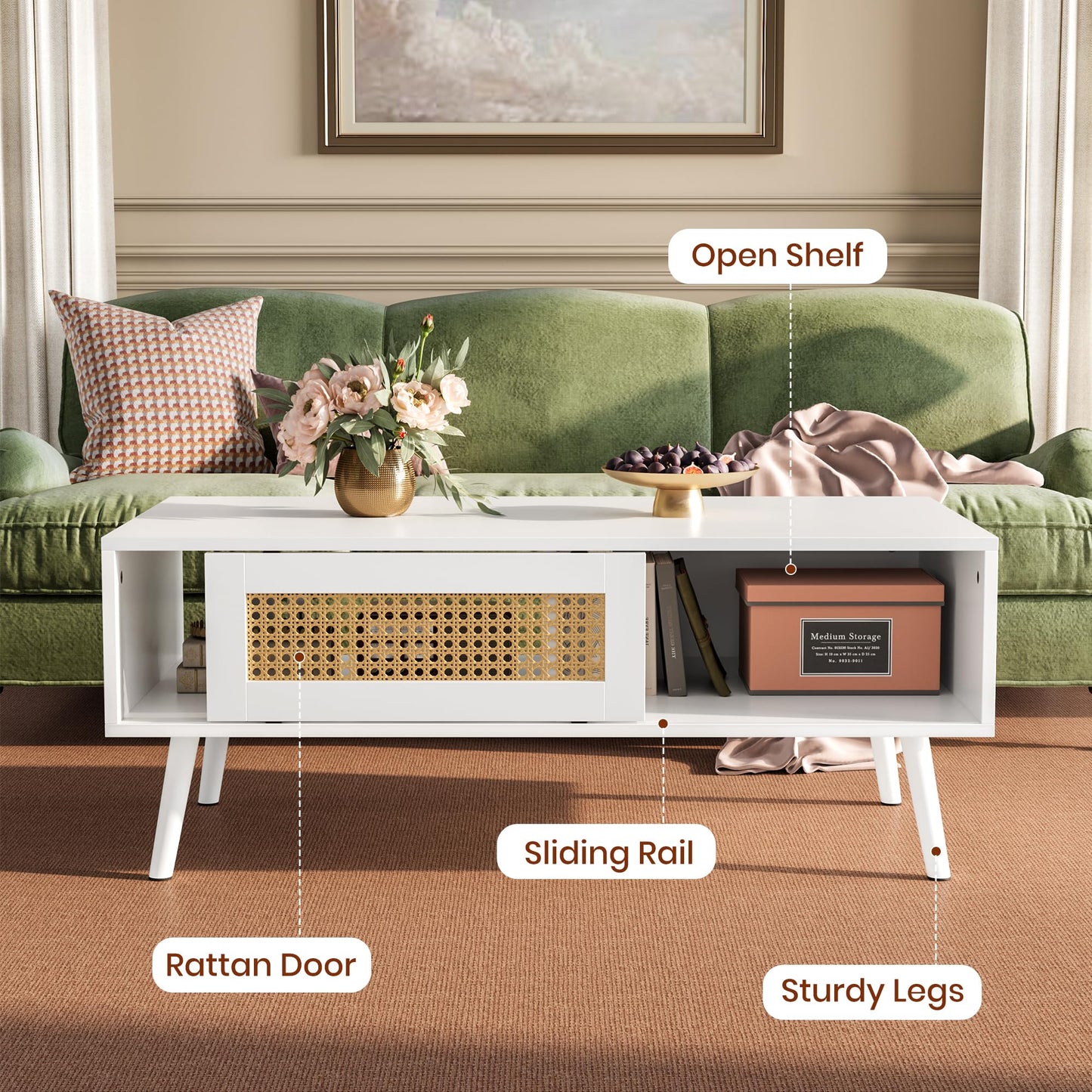 IDEALHOUSE Living Room Table Sets of 2, Includes 47" Rattan TV Stand Storage Cabinet for 55" TV, Farmhouse Coffee Table with Storage Shelf for Bedroom