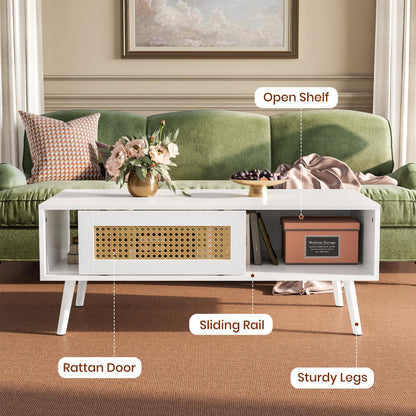 IDEALHOUSE Living Room Table Sets of 2, Includes 47" Rattan TV Stand Storage Cabinet for 55" TV, Farmhouse Coffee Table with Storage Shelf for Bedroom