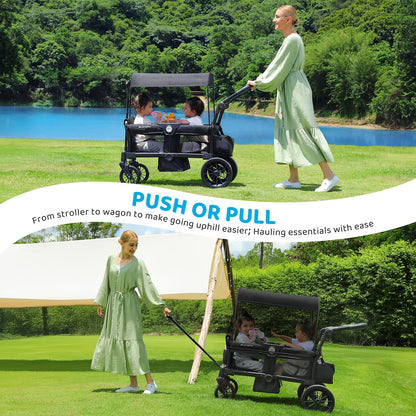 ELEMARA Foldable Wagon Stroller, Stroller Wagon for 2 Kids, Premium All Terrain Wagon for Kids with Removable Canopy, Adjustable Push/Pull Handle, Harnesses, Large Storage Bag, Black