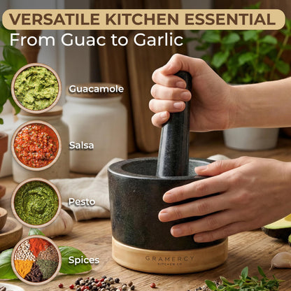 Gramercy Mortar and Pestle Set – Heavy Duty Granite Stone Grinder with Stable Bamboo Base, Extra Long Pestle & Cleaning Brush - Ideal Guacamole Bowl, Herb Grinder & Molcajete Bowl, 1.5-Cup