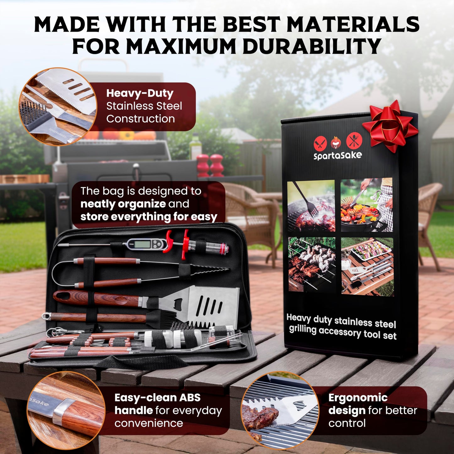 SpartaSake (24-Pack) Premium Stainless Steel BBQ Grilling Accessories with Wood Handles - Barbecue Gill Accessories Set for Blackstone Griddle - Outdoor Camping Grill Set for BBQ for Dad Men Women