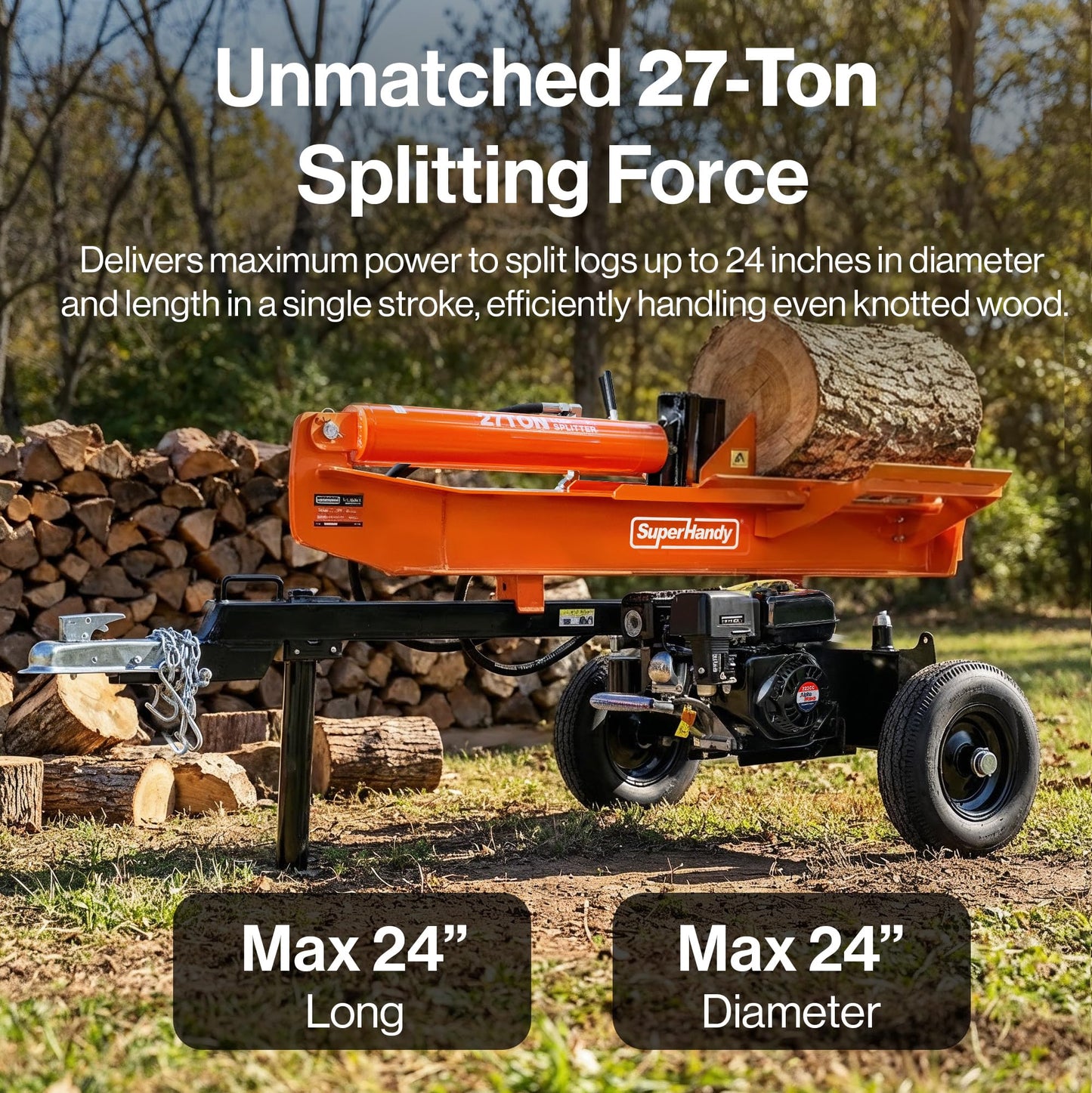 Superhandy 27Ton 223cc Gas Powered Full Beam Log Splitter w/Vertical/Horizontal Operation and Auto Return Valve, 24'' Diameter & 24'' Length Capacity, Towable with 2'' Ball Coupler