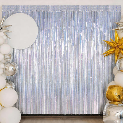 Skiennix Silver Metallic Tinsel Foil Curtains - 2 Pack Glitter Fringe Backdrop | 3.28 FT x 7.05 FT for NYE & Birthday Parties