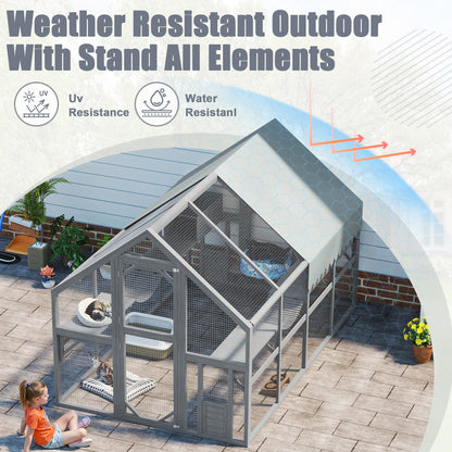 KEIKI 110" Large Outdoor Cat Enclosure for Multiple Cats, Weatherproof Wooden Catio with 7 Platforms, 2 Resting Boxes, 2 Bridges & Canopy, Secure Outdoor Cat House, Gray