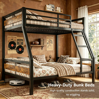 nesture. Bunk Bed Twin Over Full, Heavy Duty Metal Bunkbeds with Full-Length Guardrail, Space-Saving Steel Bed for Kids & Adults, No Box Spring Required, Rustic Brown