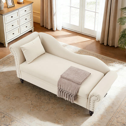 ERYE Velvet Upholstered Right Facing Chaise Lounge Chair, Beige Chaise Lounge Storage W/Nailhead Trim, Wood Legs, Classic Recliner Lounger Accent Sofa for Living Room Bedroom