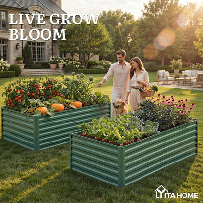 YITAHOME 4pcs 72x36x24 in Galvanized Raised Garden Bed Kit, Large Metal Planter Box with Gloves & Support Rod, Outdoor Flower Bed for Plants Vegetables, Green