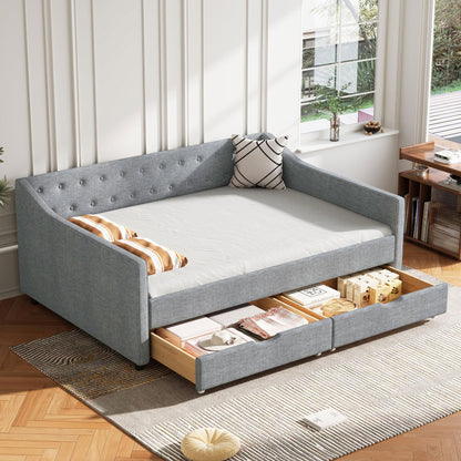 Ball & Cast Full Daybed W/ 2 Storage Drawers,Upholstered Day Bed W/Waved Shape Arms & Button Back,Sofa Bed for Bedroom,Guest Room,Living Room,No Box Spring Needed,Light Grey