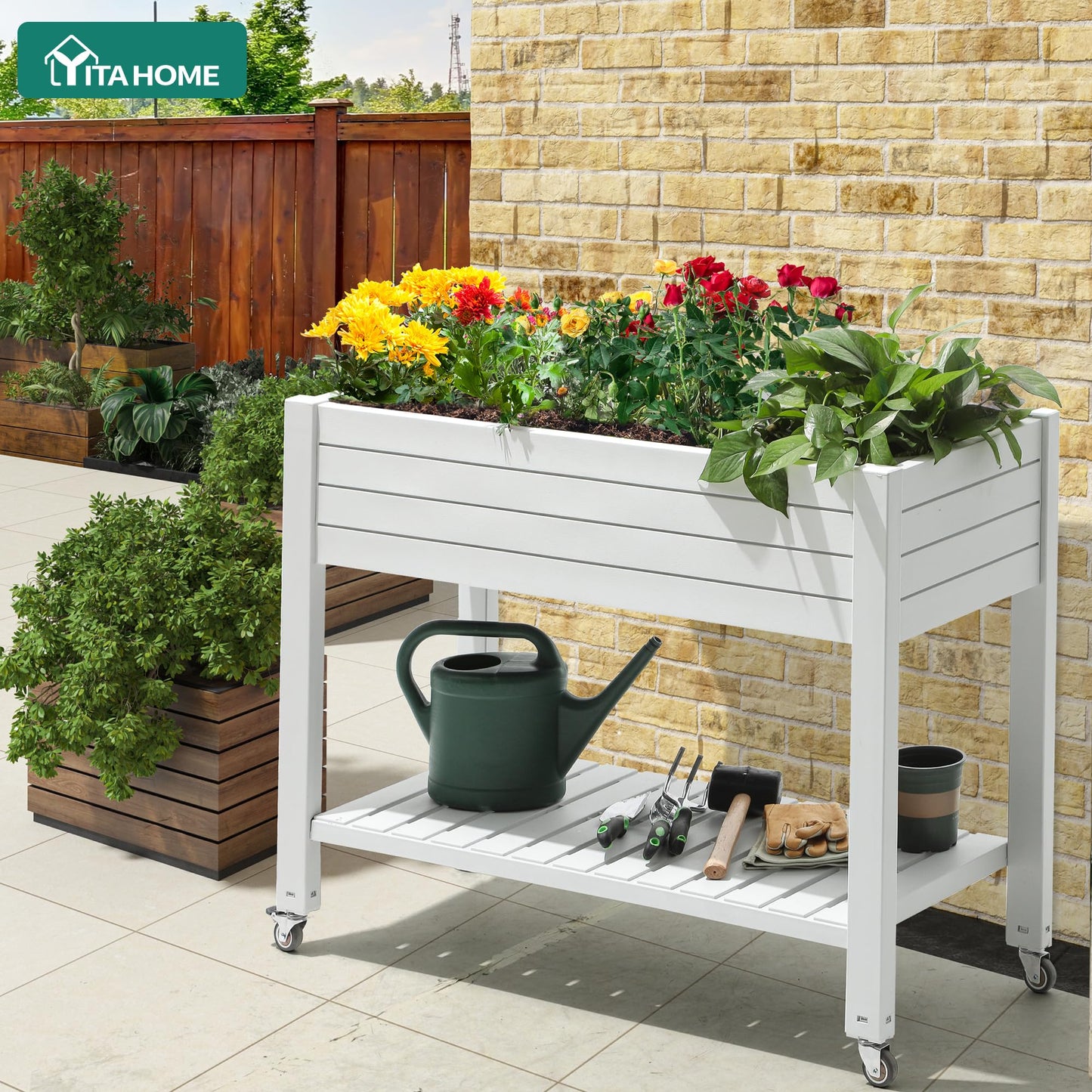 YITAHOME 43.3x17.7x34 in Elevated Garden Bed 2pcs, Outdoor Plastic Planter Box with Wheels, Legs, Drain Plug, and Storage Shelf for Plants, Vegetables, Flowers, Herbs, Grayish-White
