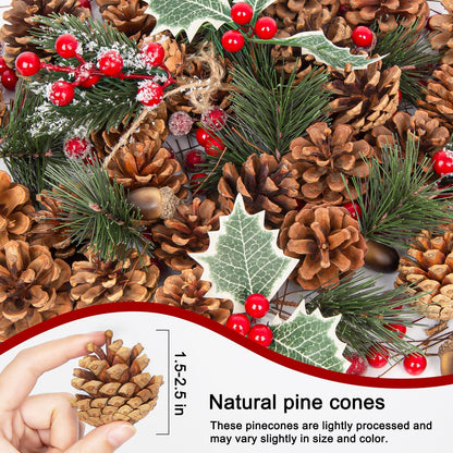 Christmas Pine Cones for Crafts Decorations 144PCS Natural Pine Cones & Artificial Pine Branch & Red Berry & Berry Stems Bulk, for DIY Crafts, Christmas Wreath & Bowl & Vase Filler, Table Decor