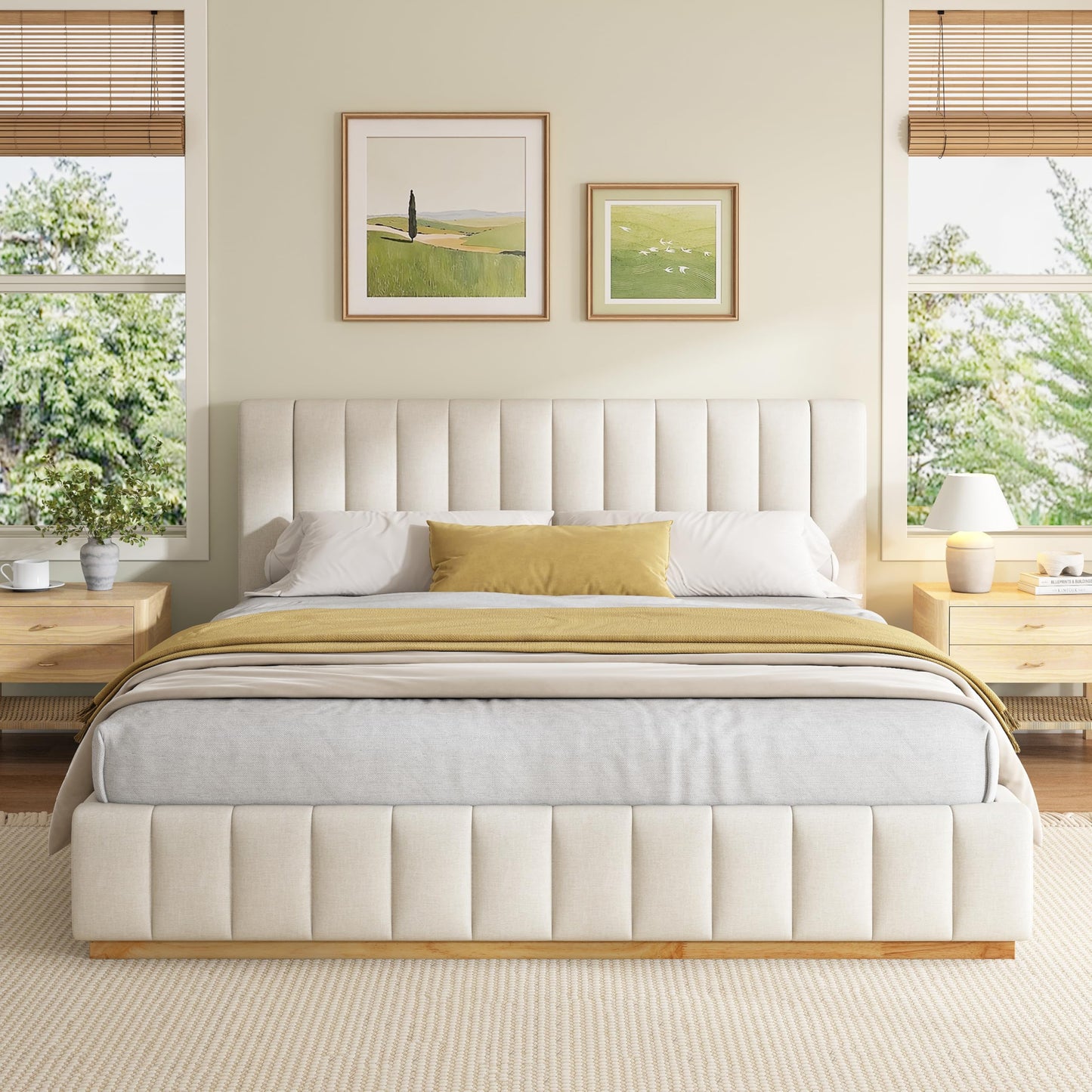 FammyLoft King Size Bed Frame, Elegant Striped Fabric Upholstered Bed Frame, Minimalist Bed Frame with Padded Headboard, 800 lbs Support, Modern King Bedroom Furniture,Beige