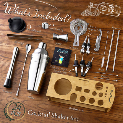 HomeCurated Cocktail Shaker Set,24-Piece Bar Bartender Kit with Stand,Martini Shaker,Jigger,Strainer,Mixer Spoon,Muddler,Liquor Pourers,Tongs,Opener,LCE Ball Mold&LCE Cubes,Bottle Stoppers|Silver