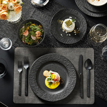 KINGSTONE Black Dinnerware Sets, 24-Piece Matte Marble Pattern Premium Porcelain, Place Setting with Dinner Plate, Salad Plate, Pasta Bowl, Microwave and Dishwasher Safe